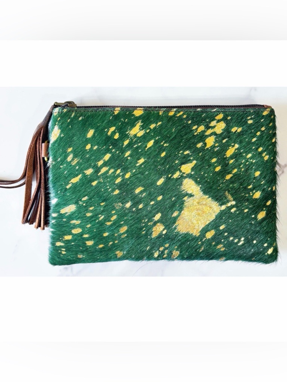 Hunter Green Gold Hair On Hide Wristlet Clutch Distressed Leather Tassel New